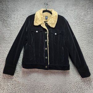 Gap Jacket Womens XL Black Uncut Corduroy Lined Button Trucker Style Jacket